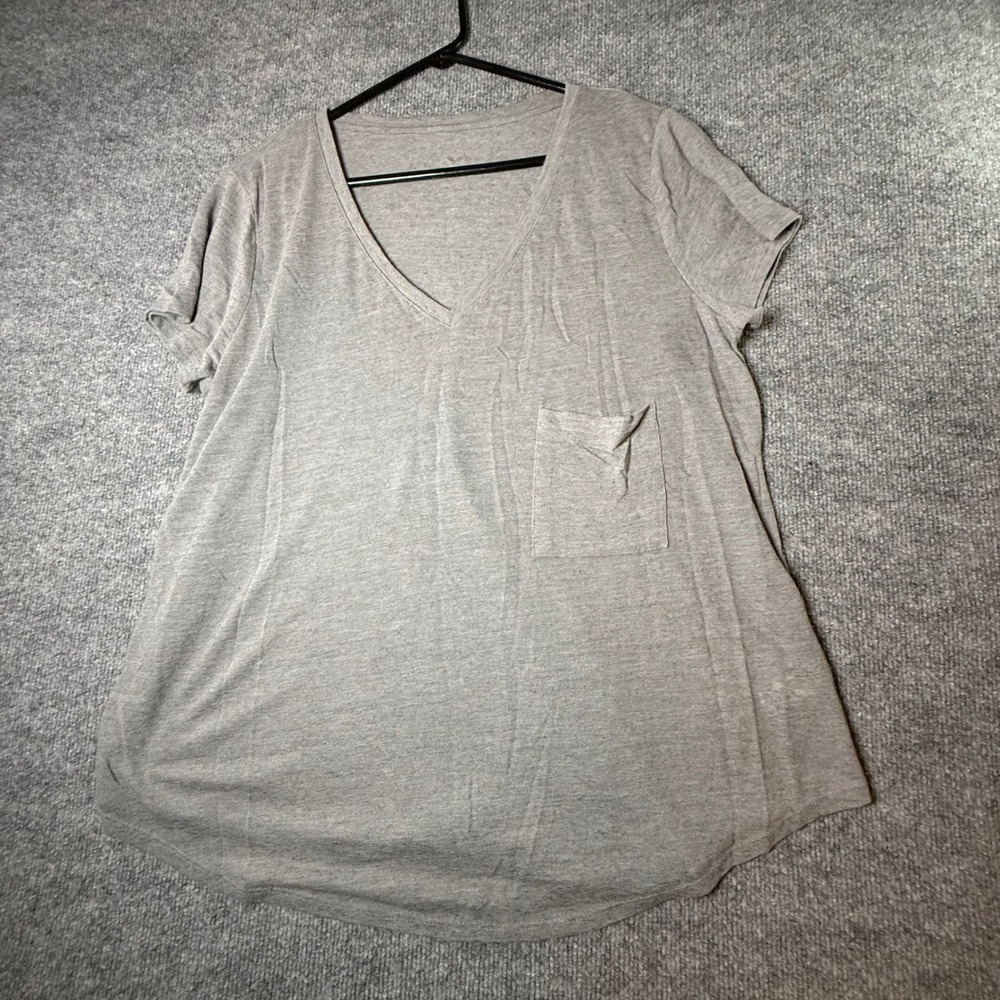 Mossimo Supply Co Womens XXL Gray Linen Blend V-Neck Pocket T-Shirt Curved Hem